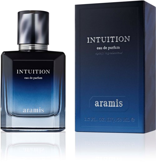 A perfume bottle and box with blue and black colors, labeled INTUITION aramis.