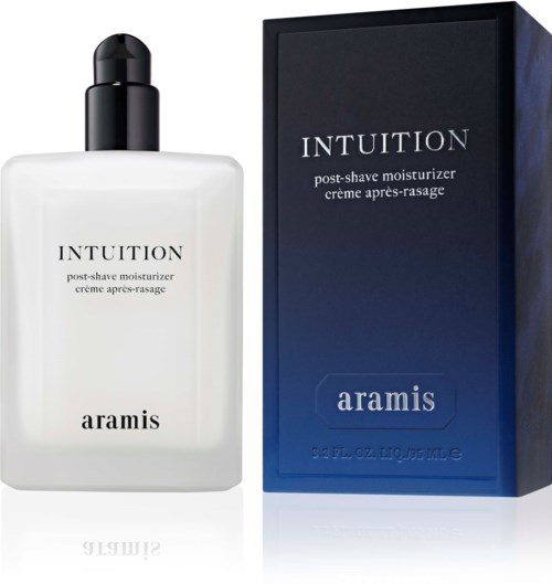 En vit flaska och en mörkblå box med Aramis Intuition aftershave-kräm. Flaskan har ett pumplock.