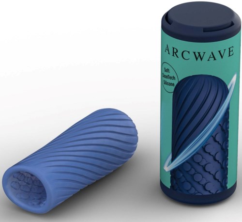 Ett cylindriskt förpackning märkt "ARCWAVE" och ett blått texturerat silikonhandtag eller svetssats.