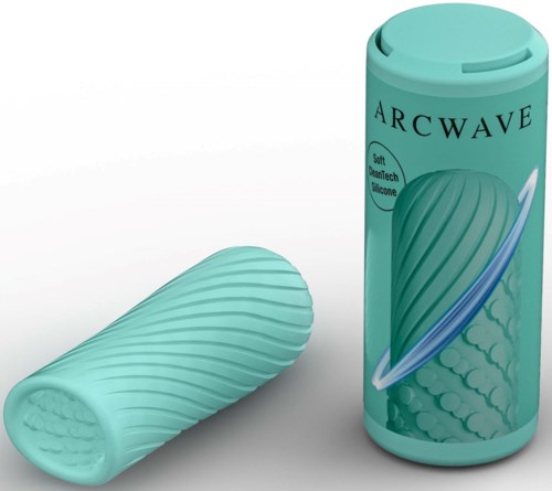 En cylindrisk teal behållare med ordet 'ARCWAVE' och en vågdesign, bredvid ett matchande texturerat handtag.