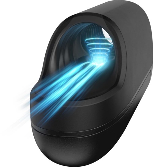Ein schwarzes Gerät mit einem leuchtend blauen Licht, das von einem rotierenden Mechanismus im Inneren ausgeht.