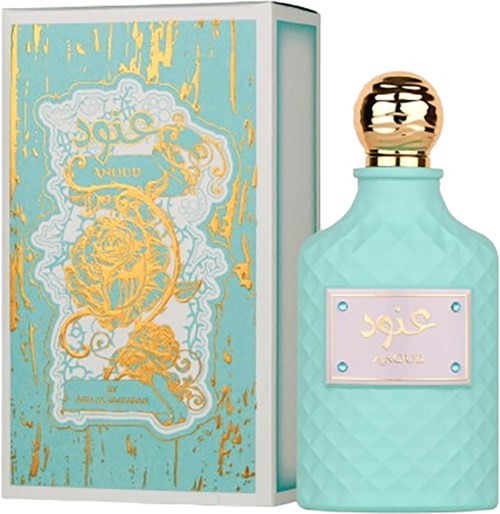 Hellblaue Parfümflasche mit goldener Kappe, daneben dekorative Box mit Gold- und Weißdesign, Etikett sagt 'عطور'.
