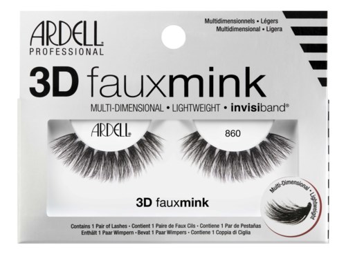 Ett paket av ARDELL 3D faux mink falska ögonfransar, lätt och fler-dimensionell, med svart och vitt design, visar fransarna inuti.
