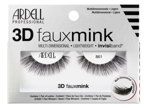 Det här är förpackning för Ardell 3D faux mink falska ögonfransar, visar ett par långa, tjocka och fluffiga ögonfransar.