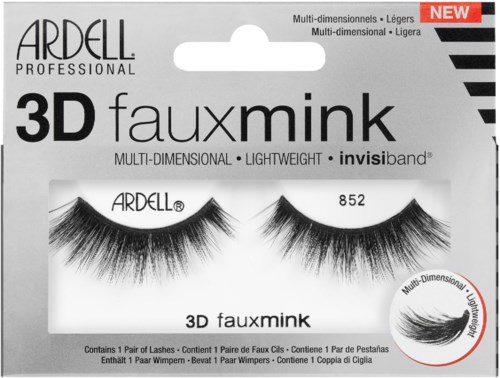 En förpackning med ARDELL professional 3D faux mink ögonfransar i svart, märkt som lätta, fler dimensioner och ny.