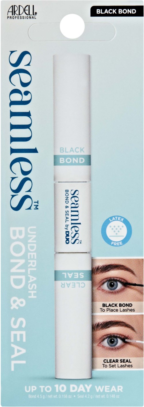 A white tube of eyelash adhesive with blue and black text, indicating waterproof and quick-drying qualities for eyelashes.