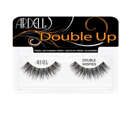 A package of false eyelashes labeled 'Double Up' by Ardell, with two sets of long, black lashes inside.