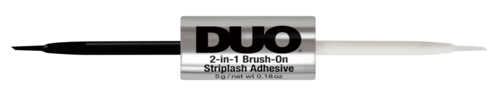 A small tube with the label "DUO" and text about a 2-in-1 brush-on adhesive for strip lashes.