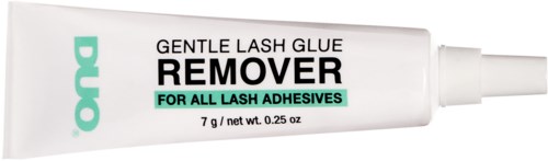 A tube of eyelash glue remover, labeled for all lash adhesives, with a white nozzle, black and green text.