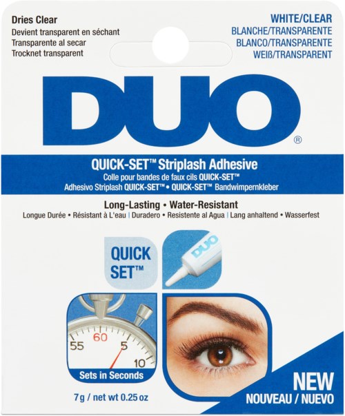 A transparent, long-lasting striplash adhesive with a blue logo and an eye image, emphasizing quick setting and water resistance.