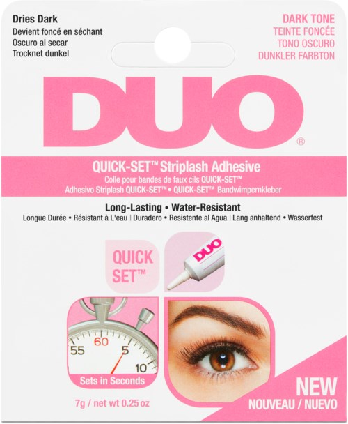 Verpackung für DUO Schnellkleber Streifen, zeigt Auge, Uhr und Produkteigenschaften. Hauptsächlich pink und weiß.