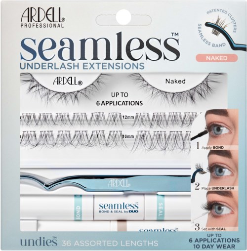 Package for eyelash extensions, showing steps: apply bond, place underlash, seal with seal, up to 6 uses.