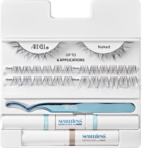 False eyelashes kit with different lengths, a glue pen, and remover for eyelash application and removal.