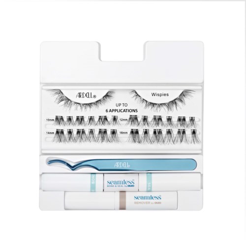 A lash kit with different lengths of false eyelashes, adhesive glue, and a remover.