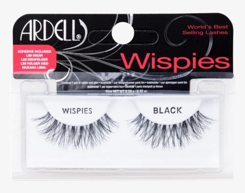 A plastic case with two pairs of false eyelashes, labeled 'Wispies' and 'Black,' from the Ardell brand, in black packaging.