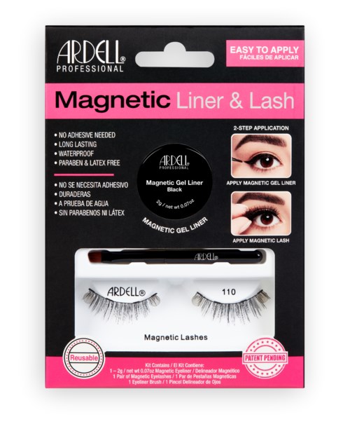 Magnetiska ögonfransar och liner-kit i förpackning, inkluderar eyeliner, magnetiska fransar och instruktioner med bilder.