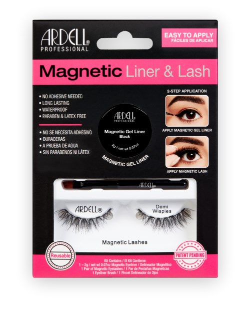 Magnetische wimperset met instructies voor aanbrengen, bevat zwart magnetisch gel, twee paar wimpers, herbruikbaar, waterdicht.