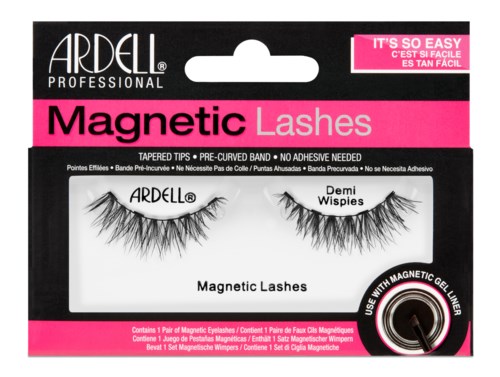 The packaging shows a set of magnetic false eyelashes called ARDELL Demi Wispies, designed for easy application.