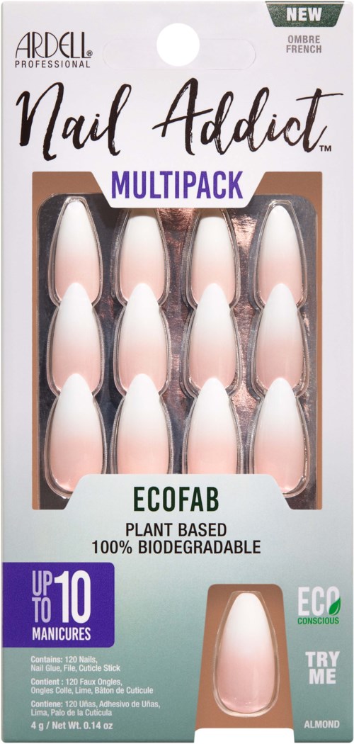 Nail tips in a package, labeled Ecofabi, plant-based, biodegradable, for up to 10 manicures, almond shape, with an 'ECO' logo.