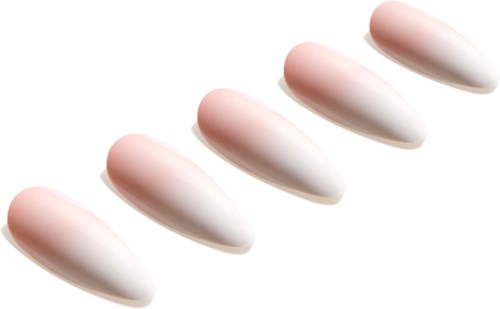 Six false nails arranged in a line with a white to pink gradient design.