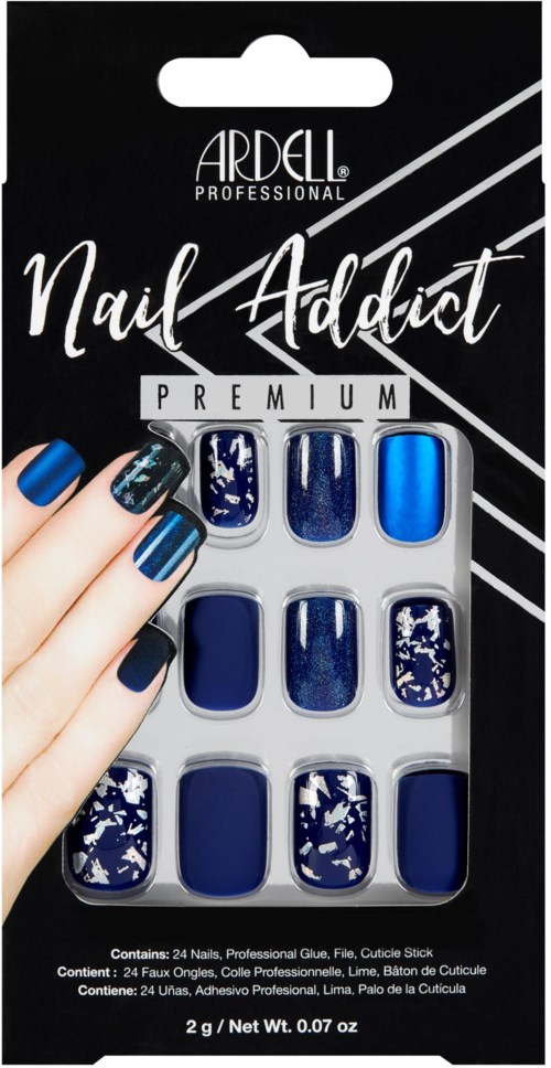 Blue and dark blue nail tips with marbled and solid designs in a professional nail sticker set.