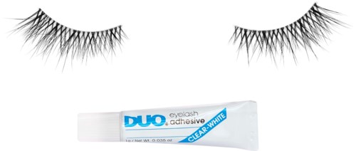 False eyelashes with a tube of clear white eyelash adhesive below.