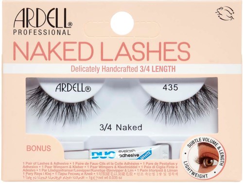 False eyelashes in a box labeled Naked Lashes, soft volume, lightweight, designed for natural look, 3/4 length, with adhesive.