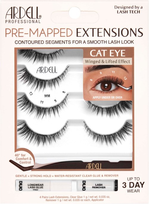Pack of four false eyelashes with curved design for a natural look, includes eyelash glue and remover, up to three days wear.