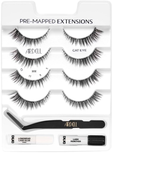 Set of pre-mapped eyelash extensions, glue, lash removern, and applicator tool.