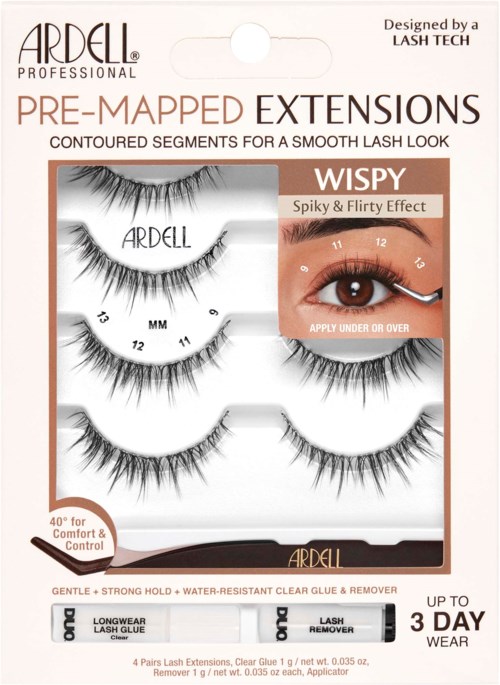 Packaging of false eyelashes with three sets and instructions for a spiky, flirty look.