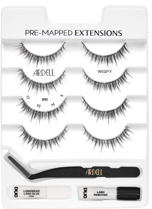 This set includes five pairs of false eyelashes, glue, and a small tool for applying. The eyelashes are labeled Ardell and Wispy.