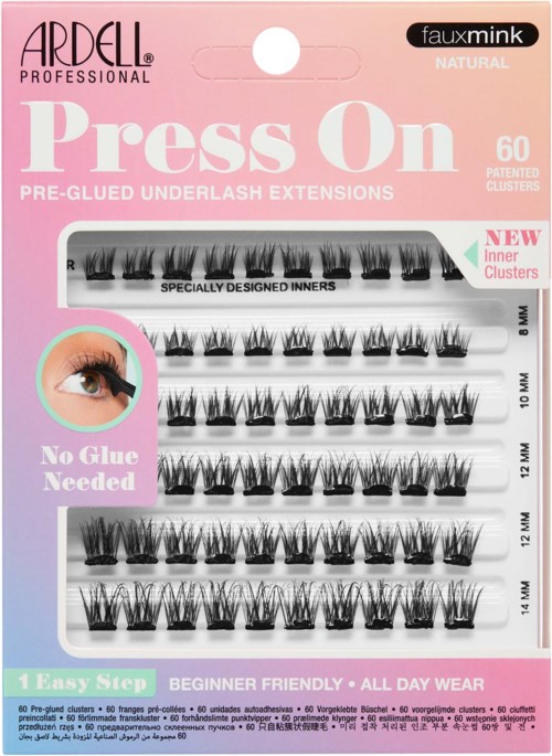 Packaging for false mink eyelashes, with sections showing different lash styles and a label stating "No Glue Needed."