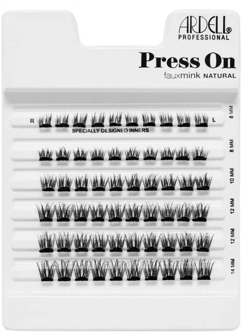 Display of various false eyelash sizes and styles, labeled with measurements, arranged on a white tray.