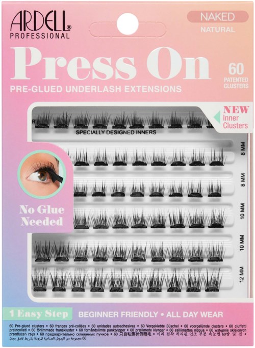 A cosmetic box of false eyelashes with multiple sizes, showing brand name, features, and instructions on the package.