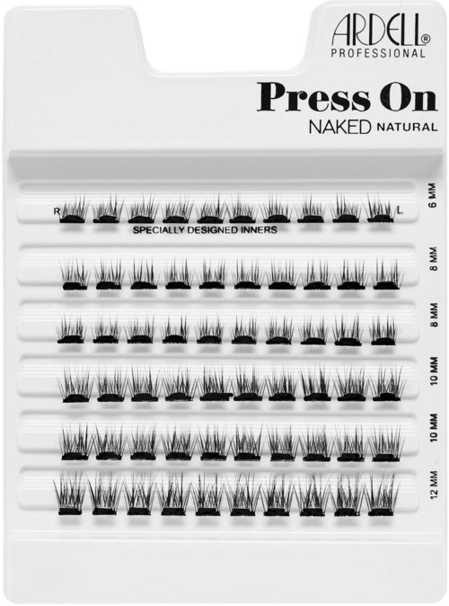 A display of false eyelashes arranged in different sizes for makeup use.