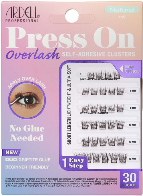 A product package for Ardell Press On Overlash clusters, showing eye illustration, cluster styles, and features like no glue needed.