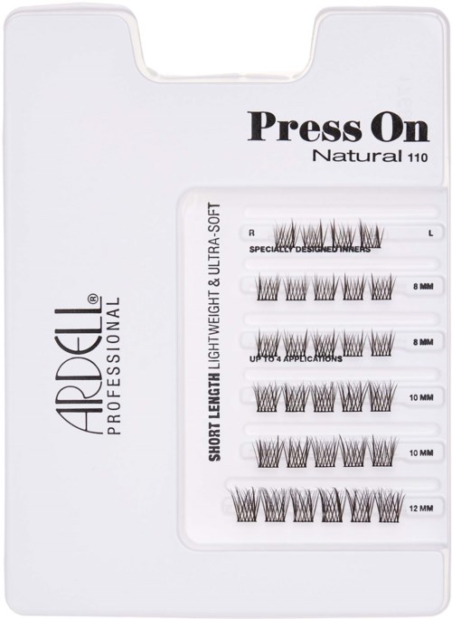 A white box contains multiple sets of eyelash extensions labeled by length, with text indicating "Press On" and brand details.