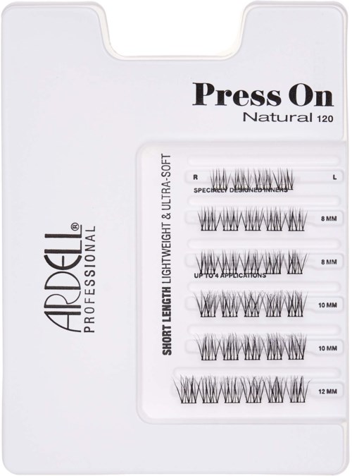 Pakkaus tehostar眉äris-voiteita, jotka on merkitty 'Press On Natural 120', kevyitä ja pehmeitä silmäripsiä varten.