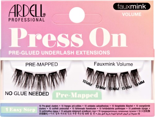 Pre-glued false eyelashes with volume, easy application, no glue needed, and labeled with various lengths.
