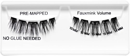 False eyelash packaging shows different lengths with markings, no glue needed, pre-mapped for easy application.