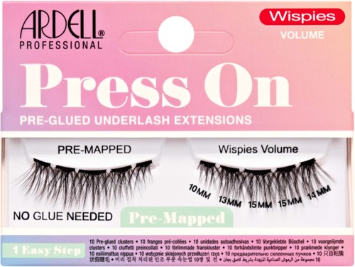 Strip false eyelashes with pre-glued design, labeled for volume, easy to apply without glue. Pack contains 10 pairs.