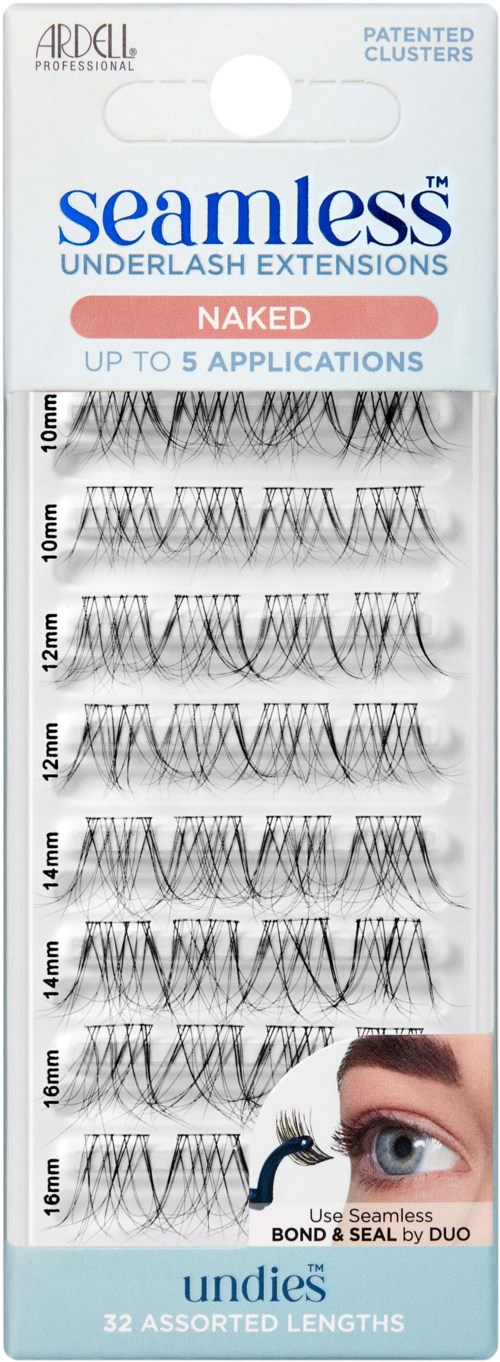 A package of false eyelashes in different lengths, with a small picture of an eye and text about uses and lengths.