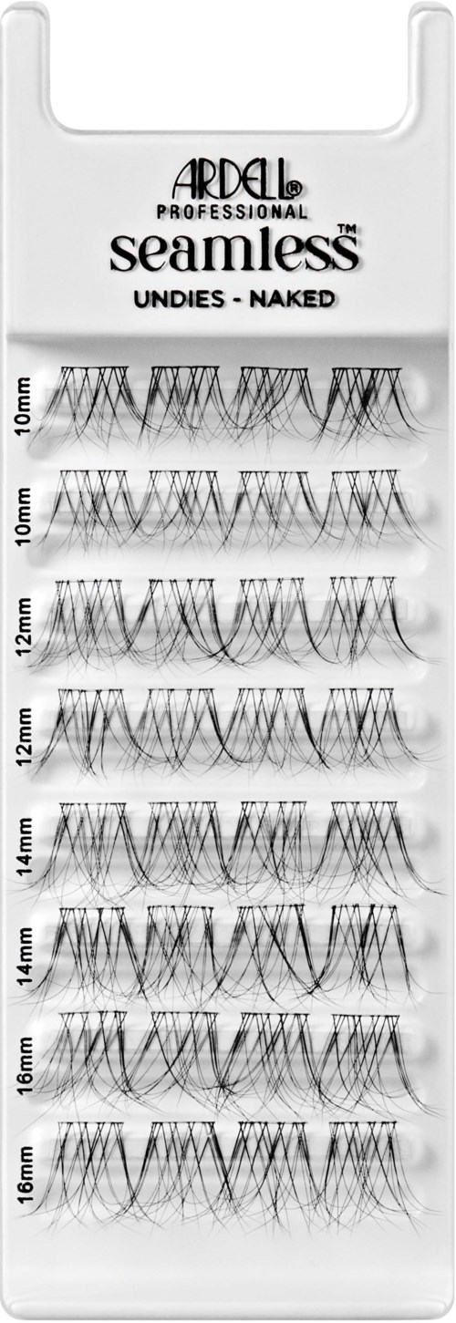 Assorted eyelash strip samples in various lengths, arranged in a vertical row on display card.