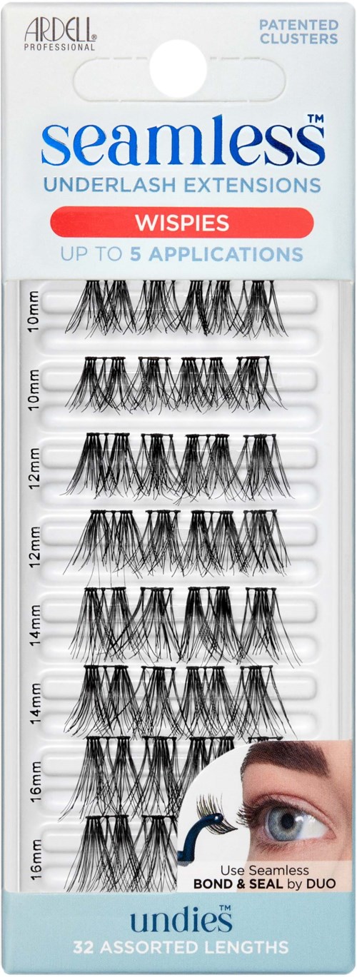 Package of eyelash extensions labeled 'seamless' with different lengths, showing close-up eye and application instructions.