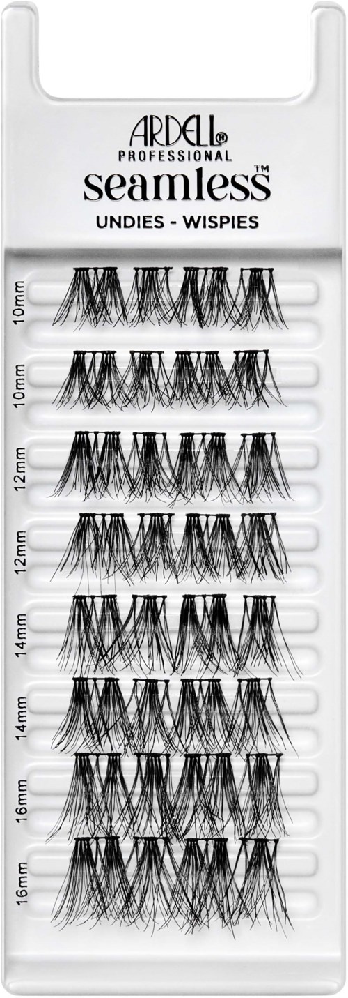 A box contains multiple rows of black eyelash extensions, labeled with lengths from 10mm to 16mm.