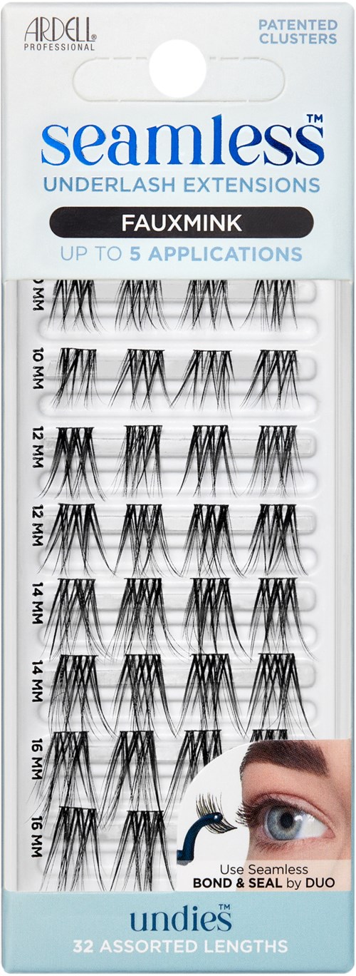 Packaging for false eyelash extensions, showing various lengths and a picture of an eye with lashes.