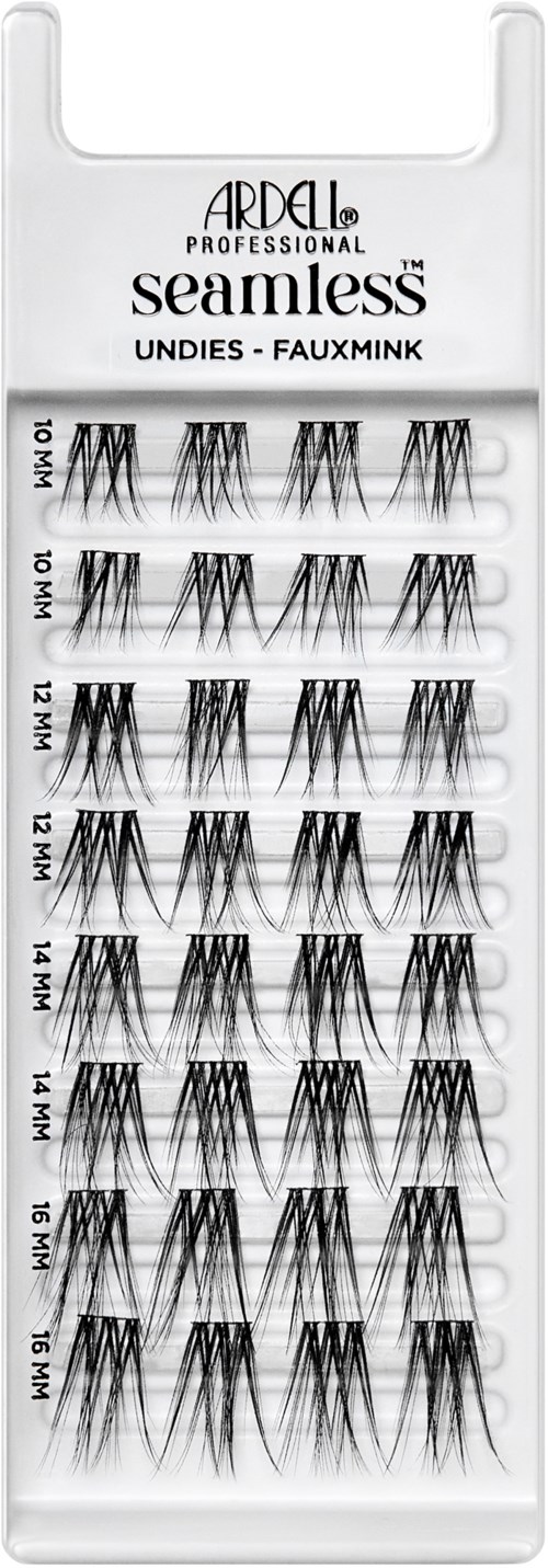 Plastic case contains multiple lines of false eyelashes in increasing sizes labeled from 10 mm to 16 mm.
