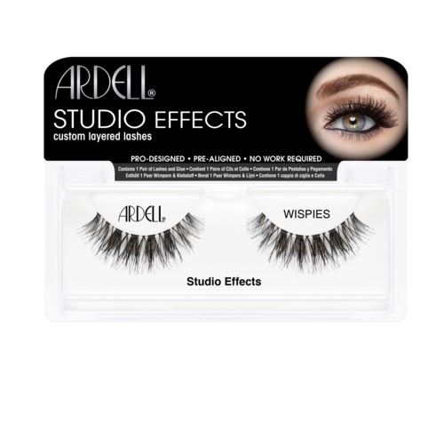 A box of false eyelashes named 'Wispies' from Ardell, with a close-up of an eye showing makeup and long lashes.