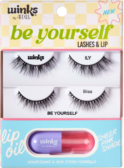 Zwei Paare von künstlichen Wimpern mit den Bezeichnungen "ILY" und "Bliss." Blaues und pinkes Lipgloss-Kapsel unten. Helle, bunte Verpackung.