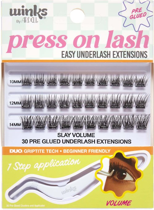 Verpakking voor wimperverlengingen met labels voor verschillende lengtes en eenvoudige applicatie-instructies.